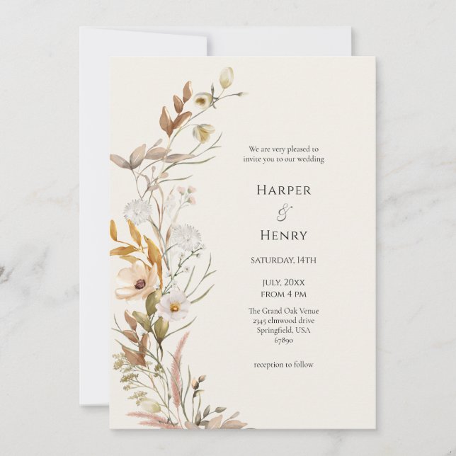 Wildflowers Beige Ivory Boho Botanical Wedding  Invitation (Front)