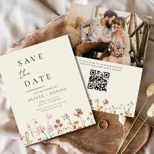 Wildflowers Beige Photo QR Code Save the Date Flyer