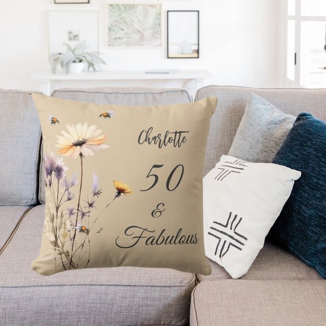 Wildflowers beige purple 50 fabulous birthday cushion (Creator Uploaded)