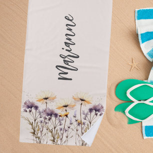 Wildflowers beige yellow custom name script beach towel