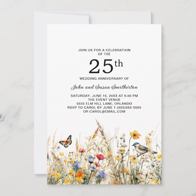 Wildflowers Birds Butterflies 25th Anniversary Invitation (Front)