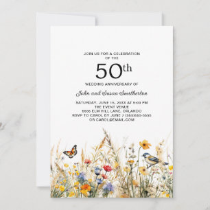 Wildflowers Birds Butterflies 50th Anniversary Invitation