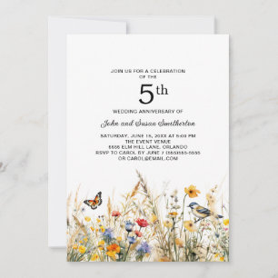 Wildflowers Birds Butterflies 5th Anniversary Invitation