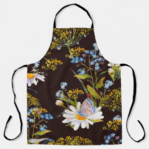 Wildflowers: black background watercolor apron