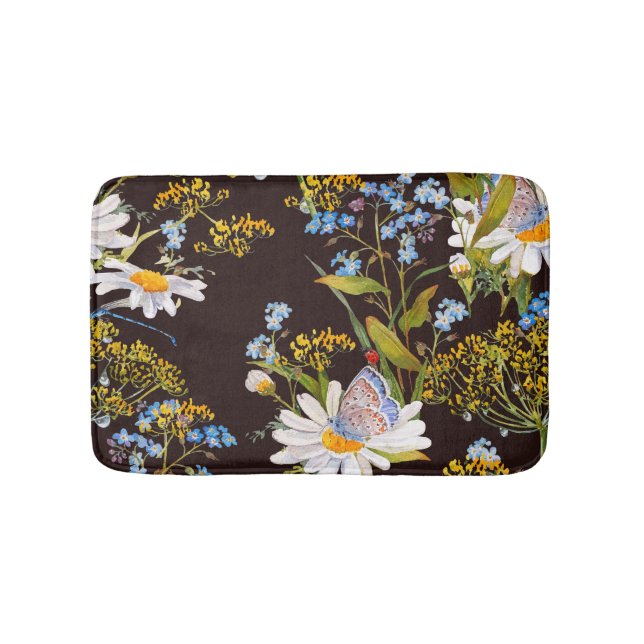 Wildflowers: black background watercolor bath mat (Front)