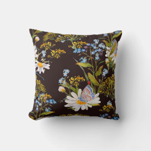 Wildflowers: black background watercolor cushion
