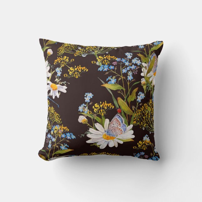 Wildflowers: black background watercolor cushion (Front)