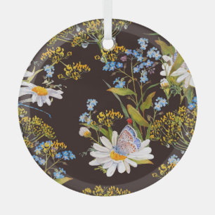 Wildflowers: black background watercolor glass tree decoration