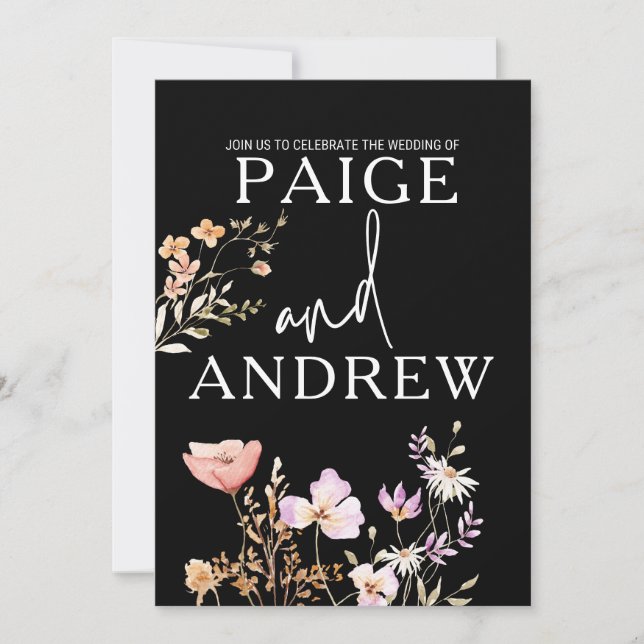 Wildflowers Black Farmhouse Wedding Invitation (Front)