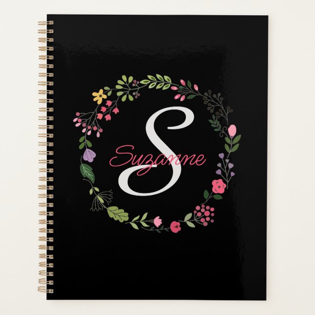 WildFlowers Black Floral Personalised Monogrammed Planner (Front)