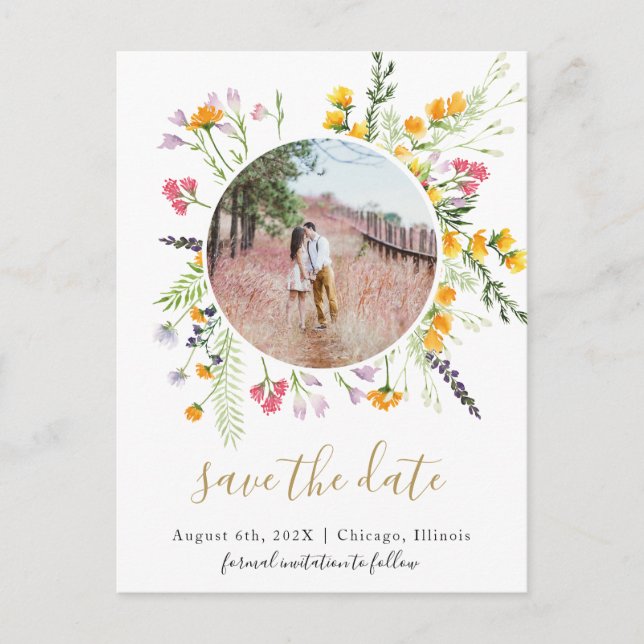 Wildflowers blooms save the date photo postcard (Front)