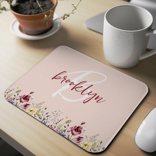 Wildflowers Blush Pink Burgundy White Monogram  Mouse Mat (Creator Uploaded)