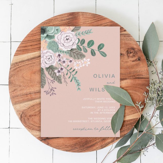 Wildflowers blush pink eucalyptus greenery wedding invitation (Creator Uploaded)