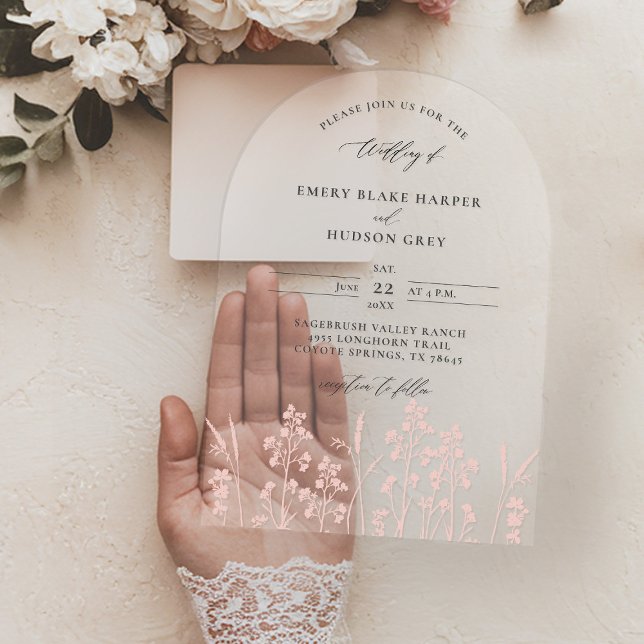 Wildflowers Blush Pink Modern Arch Clear Wedding Acrylic Invitations (clear wedding invitation acrylic boho arch wildflowers sketch pink blush garden modern calligraphy)
