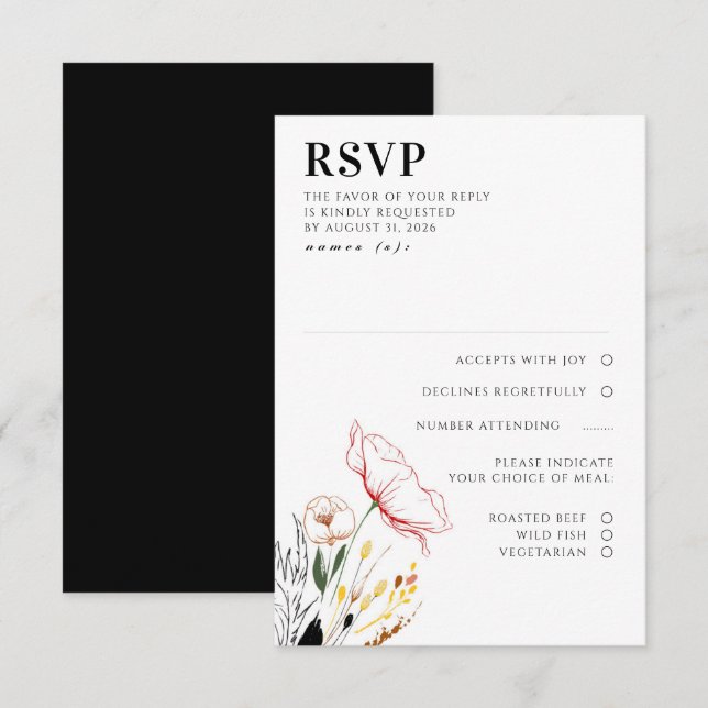 Wildflowers Boho Black Elegant Wedding RSVP (Front/Back)