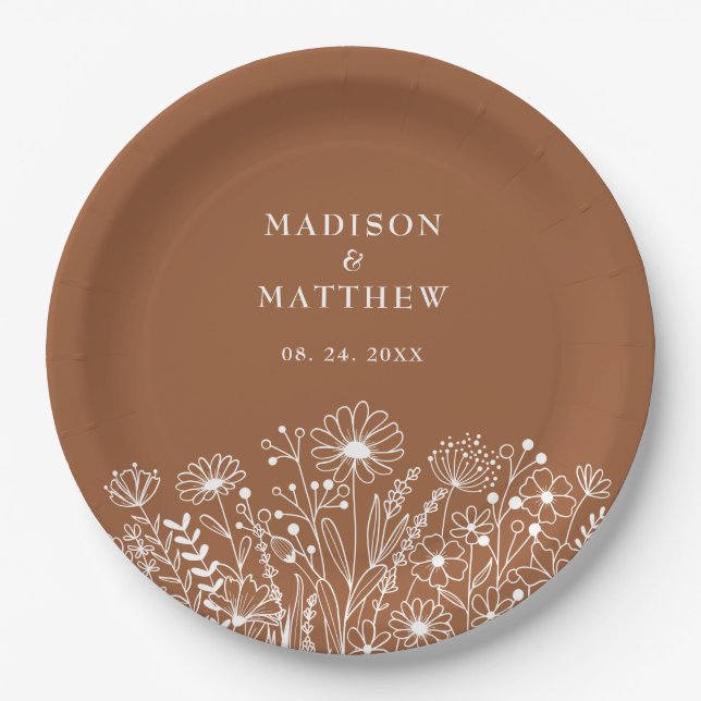 Wildflowers Boho Burnt Orange Wedding Paper Plate (Front)