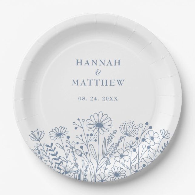 Wildflowers Boho Dusty Blue Spring Wedding Paper Plate (Front)