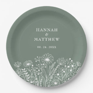 Wildflowers Boho Sage Green Wedding Paper Plate