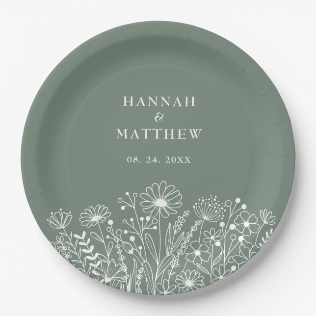 Wildflowers Boho Sage Green Wedding Paper Plate (Front)