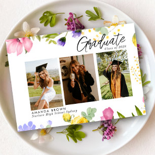 Wildflowers Bold Three Photo Graduation 2025 Invitation