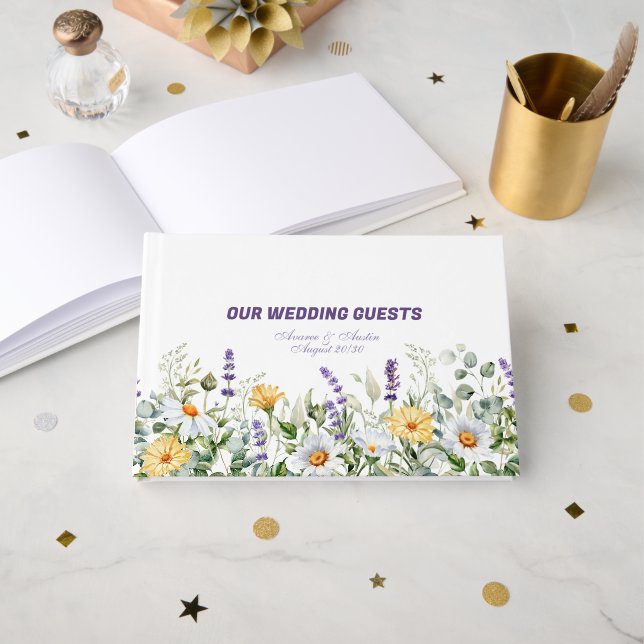 Wildflowers Border Yellow White Purple Wedding Guest Book (Front Open)