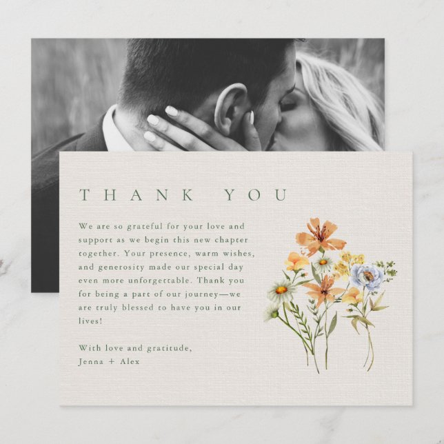 Wildflowers Botanical Garden Wedding Photo Thank You Card (Front/Back)