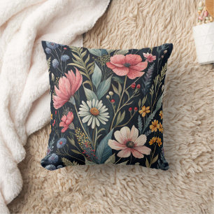 Wildflowers Botanical Inspiration Black Cushion