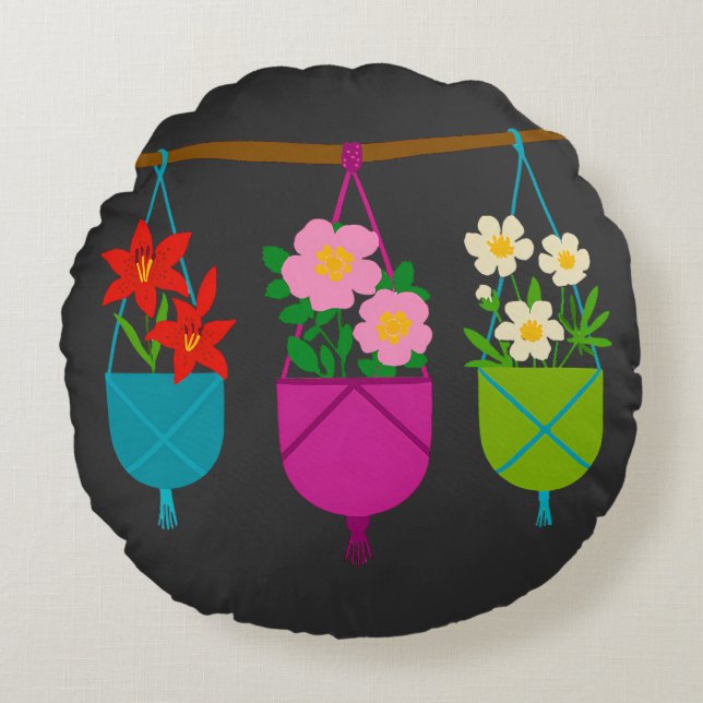 WILDFLOWERS: Botanical Trio in Hanging Planters Round Cushion (Front)