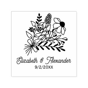 Wildflowers Bouquet #1L Wedding Couple Names Date Self-inking Stamp