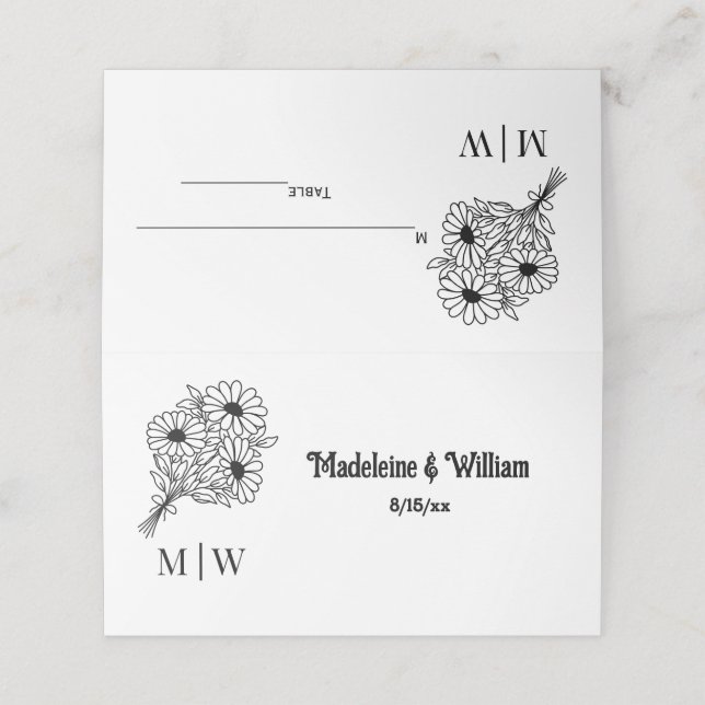 Wildflowers Bouquet #2L Wedding Couple Name Init Place Card (Outside Unfolded)