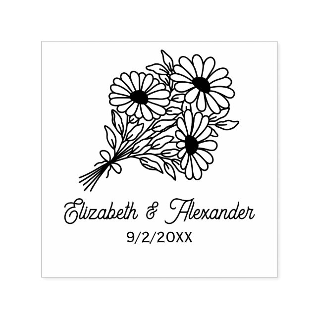 Wildflowers Bouquet #2L Wedding Couple Names Date Self-inking Stamp (Design)