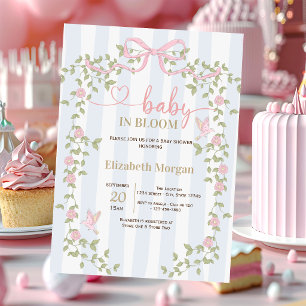 Wildflowers Bow Blue Stripes Baby Shower Invitation