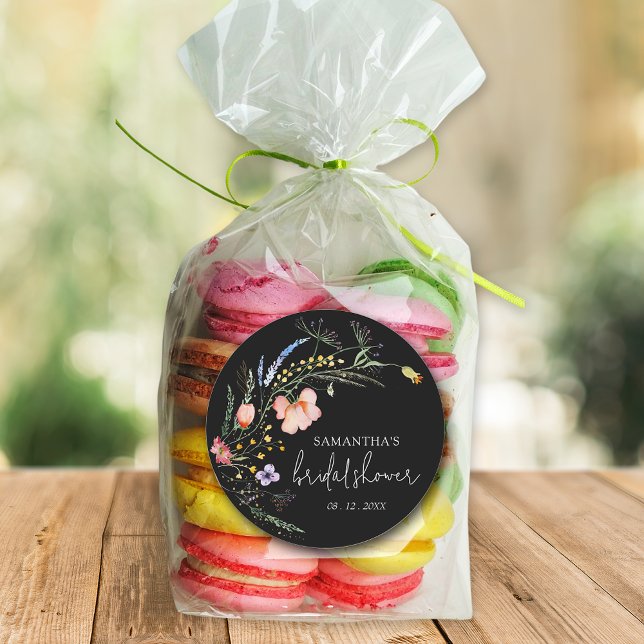Wildflowers Bridal Shower Black Classic Round Sticker (Creator Uploaded)