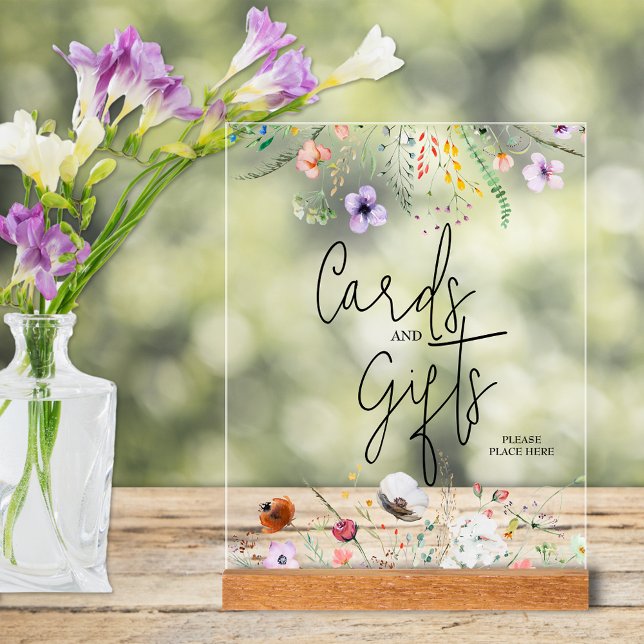 Wildflowers Bridal Shower Cards and Gifts Acrylic Sign (Wildflowers bridal shower Cards and Gifts tabletop acrylic sign)