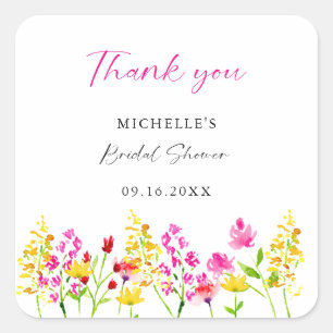 Wildflowers Bridal Shower Script Pink Florals Square Sticker