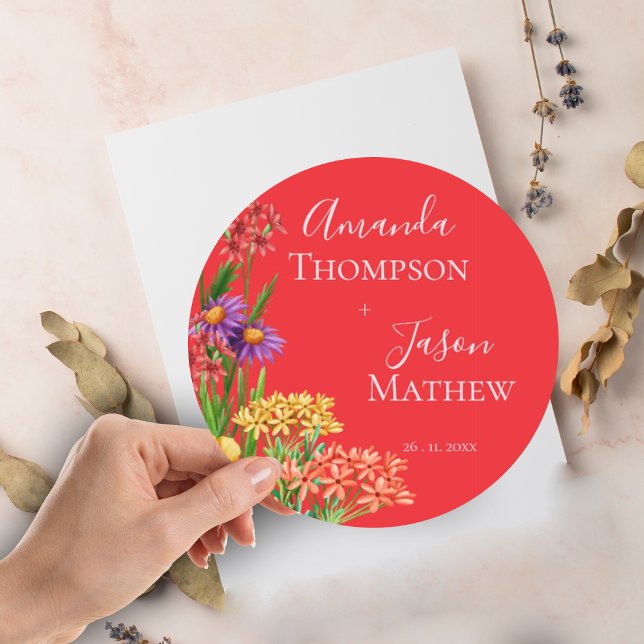 Wildflowers Bright Orange Purple Yellow Wedding Classic Round Sticker (Wildflowers Bright Orange Purple Yellow Wedding Classic Round Sticker)