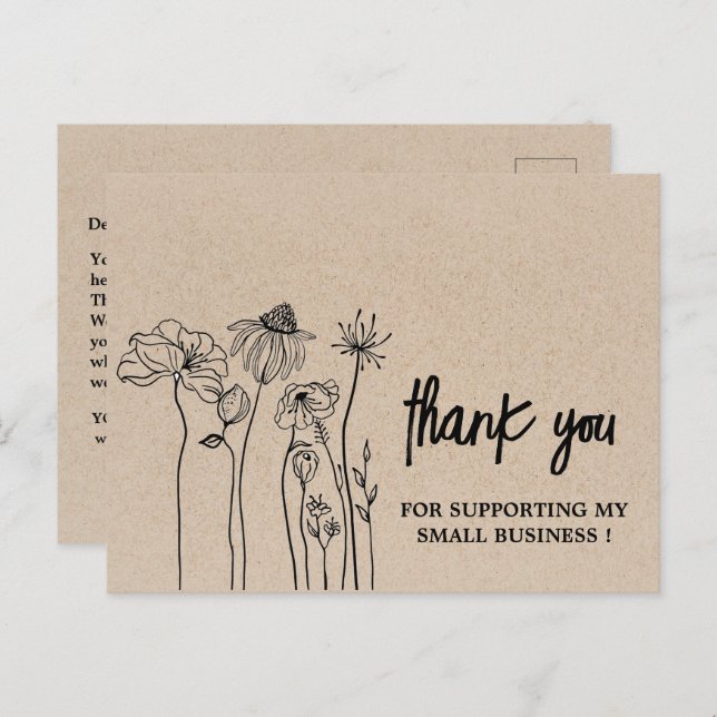 Wildflowers Brown Kraft Thank You Business Postcard (Front/Back)