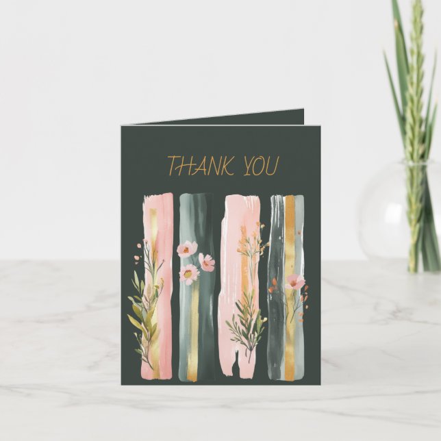 Wildflowers Brushstrokes Sage Pink Green Thank You Card (Front)