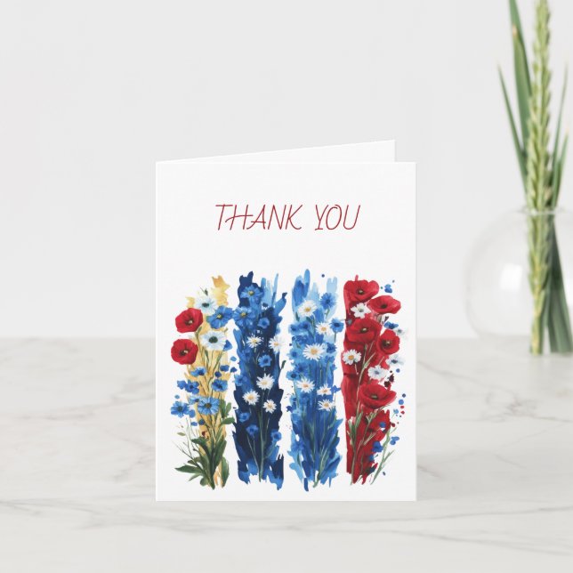 Wildflowers Brushstrokes White Red and Blue Thank You Card (Front)