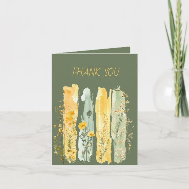 Wildflowers Brushstrokes Yellow and Green Thank You Card (Front)