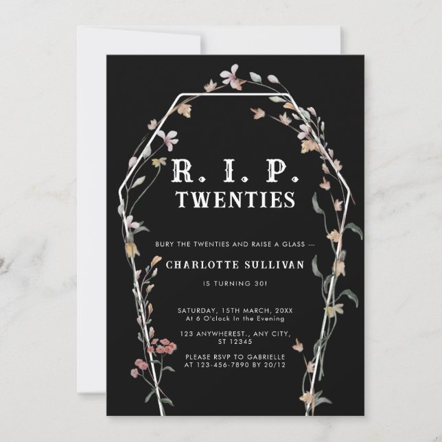 Wildflowers Bury Rip 20s Black 30th Birthday Invitation (Front)