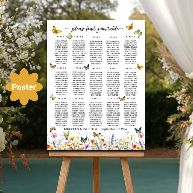 Wildflowers Butterflies 15 Tables Wedding Seating Poster (Creator Uploaded)