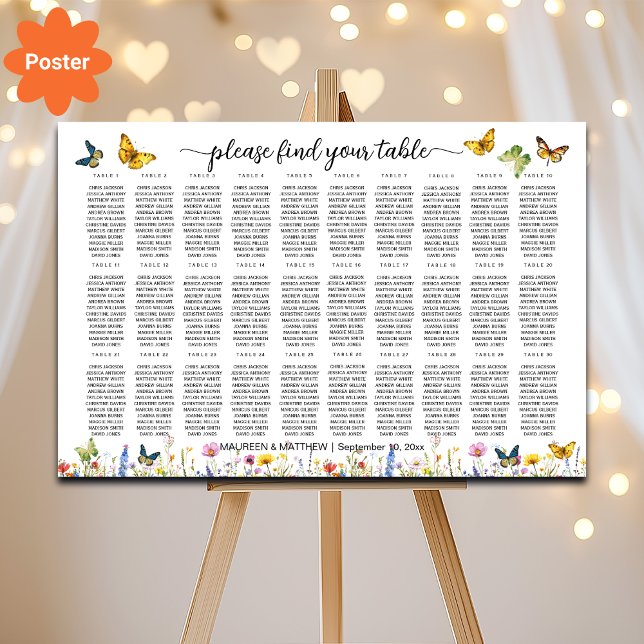 Wildflowers Butterflies 30 Tables Wedding Seating Poster (Creator Uploaded)