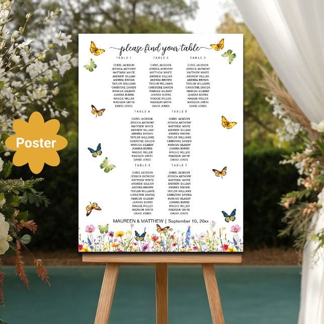 Wildflowers Butterflies 7 Tables Wedding Seating Poster (Creator Uploaded)