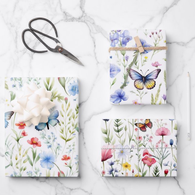 Wildflowers Butterflies Baby Shower Birthday Wrapping Paper Sheet (Front)