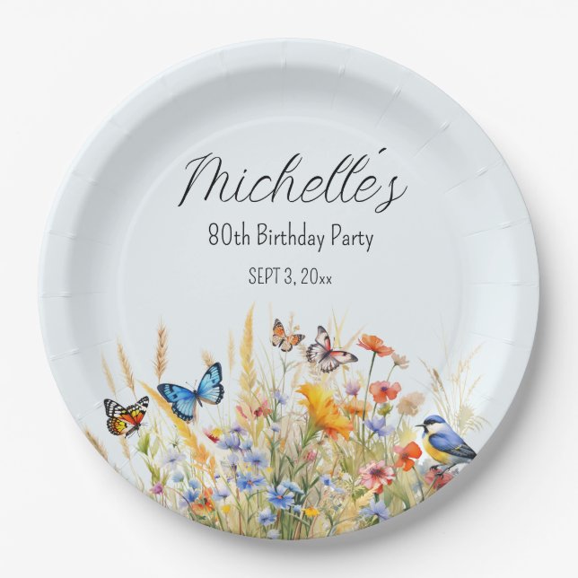 Wildflowers Butterflies Birds Surprise 80th  Paper Plate (Front)