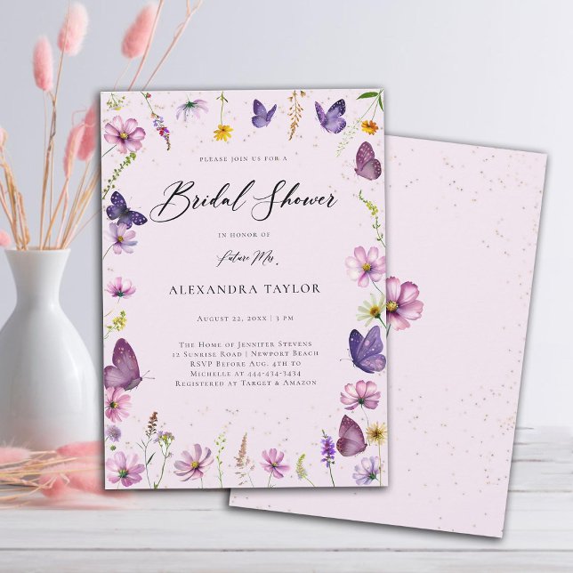 Wildflowers Butterflies Boho Garden Bridal Shower Invitation (wildflowers frame butterflies garden bridal shower invitation elegant boho modern rustic romantic)