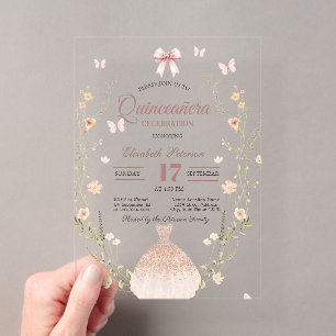 Wildflowers Butterflies Dress Bow Quinceanera Acrylic Invitations