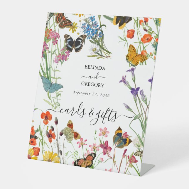 Wildflowers Butterflies Floral Wedding Cards Gifts Pedestal Sign (Front)