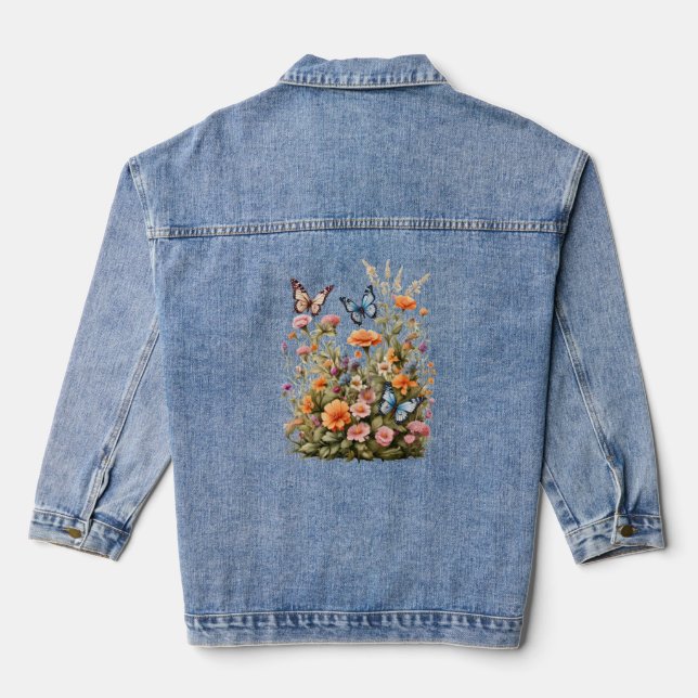 Wildflowers Butterflies Flower Garden Watercolor  Denim Jacket (Back)